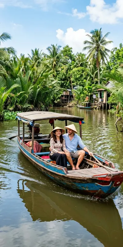Couple on a traditional boat in the Mekong Delta surrounded by palm trees