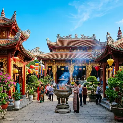 Vietnamese temple courtyard with ornate red and gold architecture