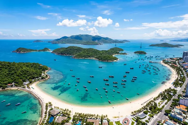 Aerial view of Nha Trang Bay with islands and turquoise water