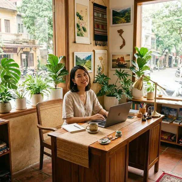 Travel consultant smiling at desk ready to help plan your honeymoon