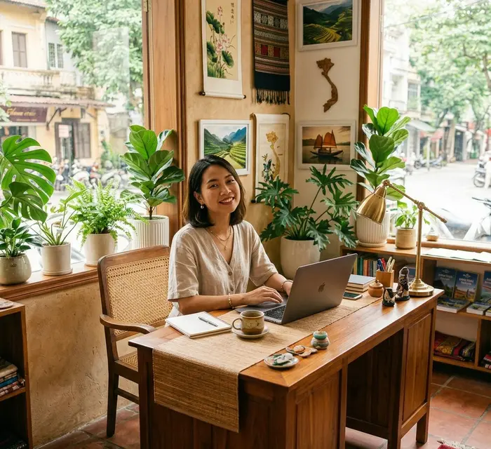 Travel consultant smiling at desk ready to help plan your honeymoon