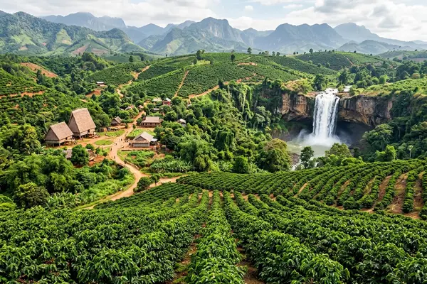 Central Highlands waterfall surrounded by coffee plantations and red earth, Vietnam