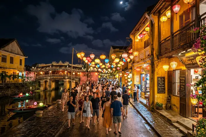 Hoi An Ancient Town at night with colourful silk lanterns and Japanese Covered Bridge