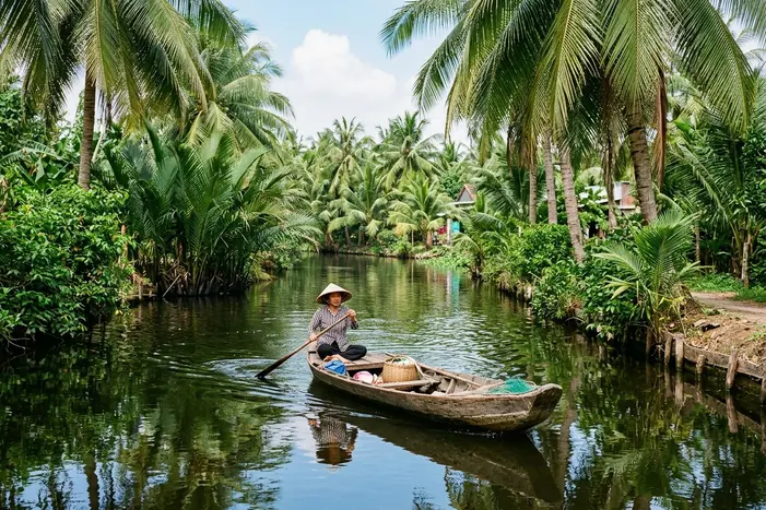 Mekong Delta sampan boat on palm-lined canal in Vietnam