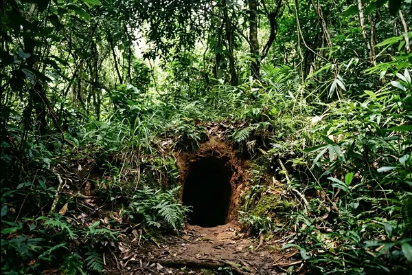 Cu Chi Tunnels entrance surrounded by tropical forest near Ho Chi Minh City, Vietnam