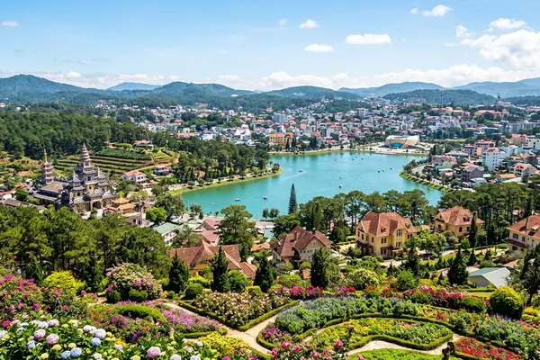 Da Lat flower gardens and pine-forested hills in the Vietnamese highlands