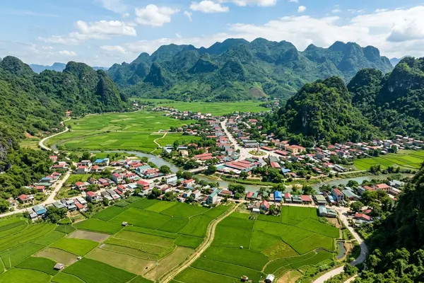 Dien Bien Phu valley with terraced hillsides in northwest Vietnam