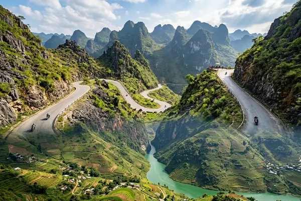Ma Pi Leng mountain pass winding through Ha Giang karst landscape, Vietnam