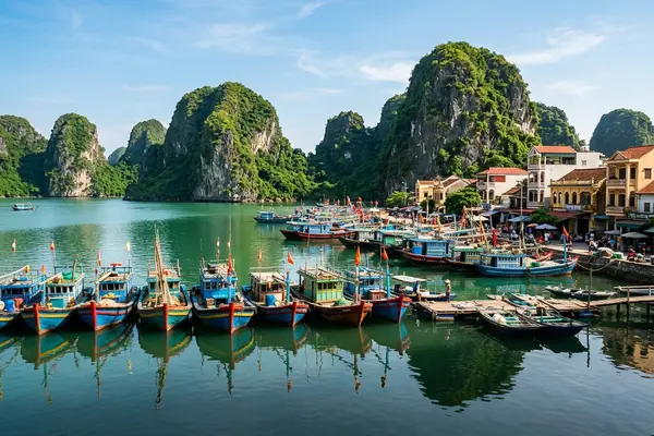 Cat Ba Island coastline with limestone karsts and turquoise water near Hai Phong, Vietnam
