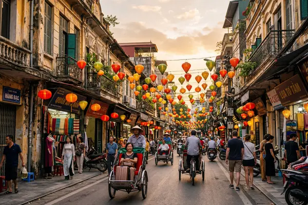 Hanoi Old Quarter with cyclos and lanterns at dusk