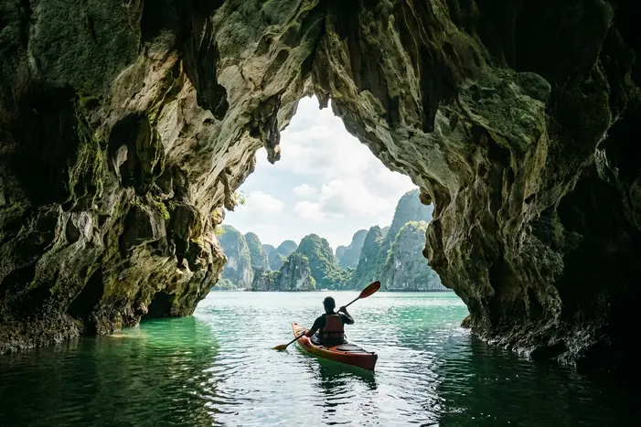 Kayaking through limestone karsts in Ha Long Bay