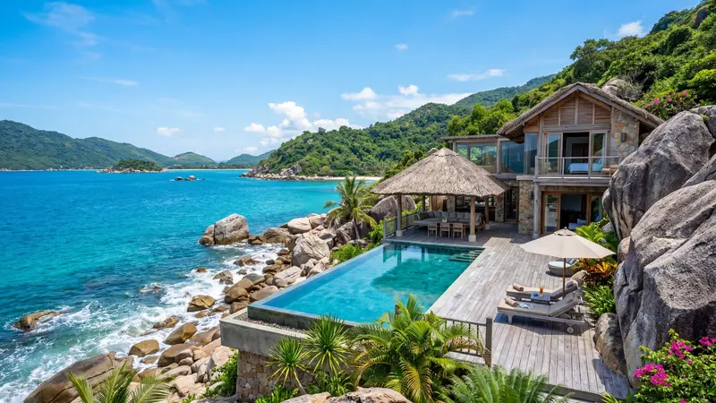 Luxury villa on rocks overlooking Ninh Van Bay at Six Senses resort