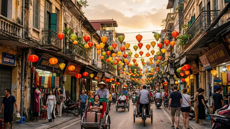 Hanoi Old Quarter with cyclos and lanterns at dusk