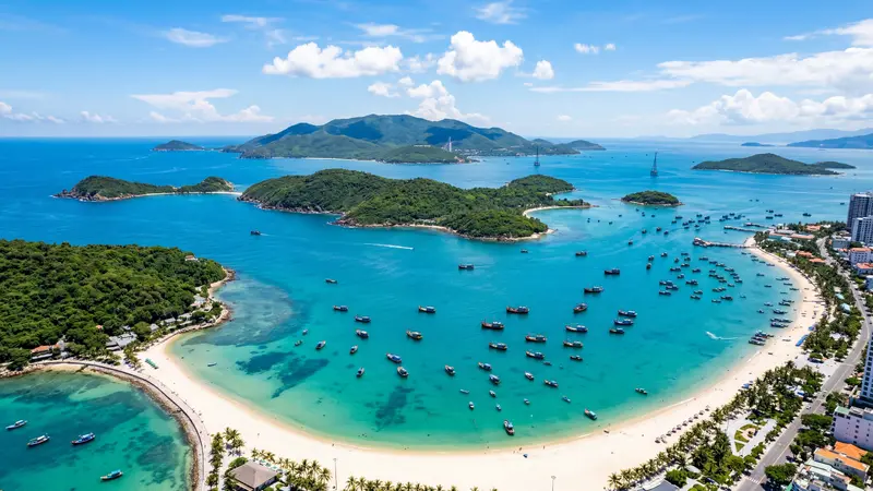 Aerial view of Nha Trang Bay with islands and turquoise water