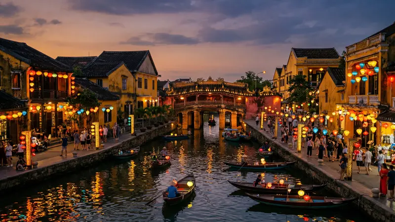 Hoi An Ancient Town yellow buildings illuminated at dusk