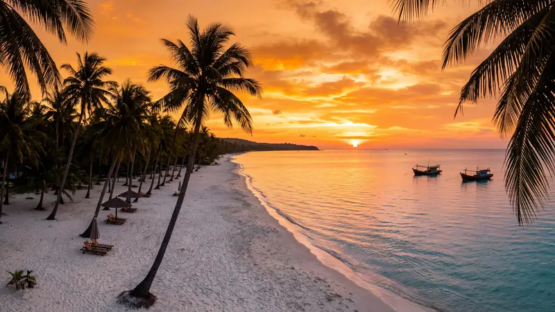 Phu Quoc Long Beach sunset with palm tree silhouettes