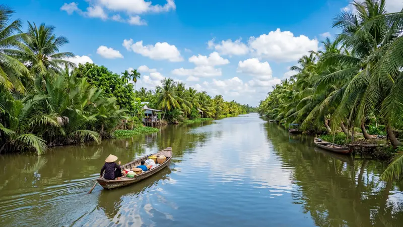 Mekong Delta canal with coconut palms and traditional sampan