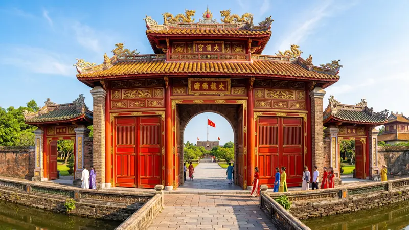 Hue Imperial Citadel ornate red and gold gates in morning sunlight