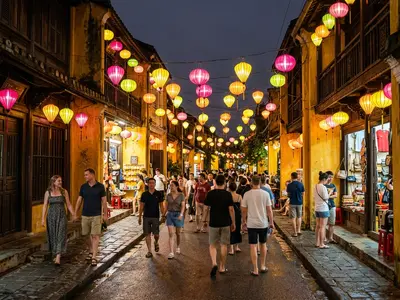 Hoi An Ancient Town street lit by hundreds of colourful silk lanterns