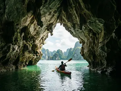 Kayaking through limestone karsts in Ha Long Bay