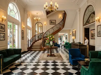 Elegant French colonial lobby of a luxury Hanoi boutique hotel