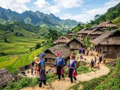 Traditional Hmong village in Sapa with wooden houses and terraced fields