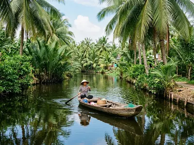 Mekong Delta sampan boat on palm-lined canal in Vietnam