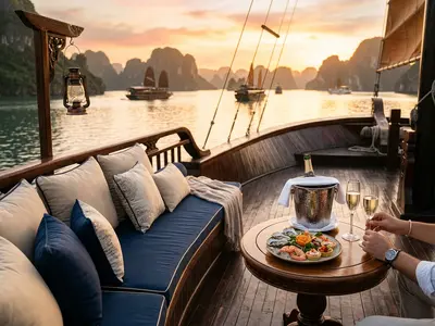 Champagne set up on a private luxury junk boat deck on Ha Long Bay