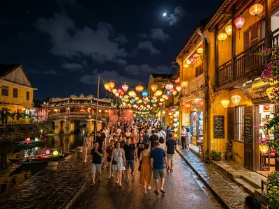 Hoi An Ancient Town at night with colourful silk lanterns and Japanese Covered Bridge
