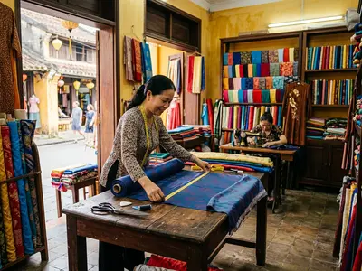 Traditional tailor shop in Hoi An with colourful silk fabrics