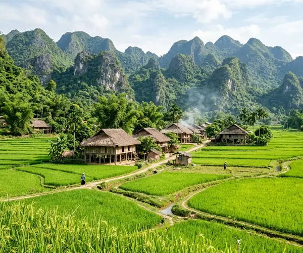 Mai Chau valley with traditional stilt houses and green rice paddies, Vietnam