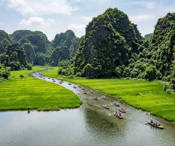 Tam Coc river winding through limestone karsts and rice paddies in Ninh Binh, Vietnam