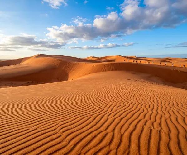 Mui Ne red sand dunes at golden hour with ocean in the background, Vietnam