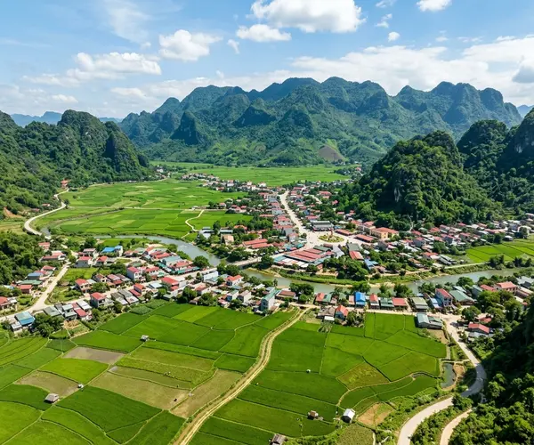 Dien Bien Phu valley with terraced hillsides in northwest Vietnam