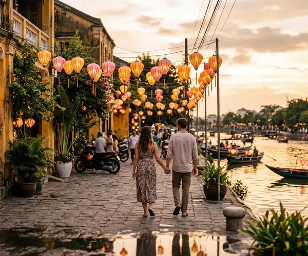 Couple walking hand in hand along Hoi An's lantern-lit riverside at golden hour