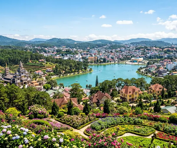 Da Lat flower gardens and pine-forested hills in the Vietnamese highlands