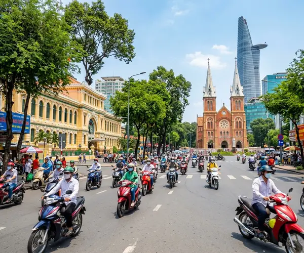 Ho Chi Minh City skyline with Notre-Dame Cathedral and modern skyscrapers, Vietnam