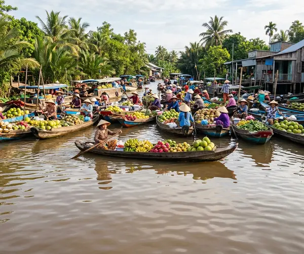 Cai Rang floating market with boats of tropical fruit on the Mekong Delta, Vietnam