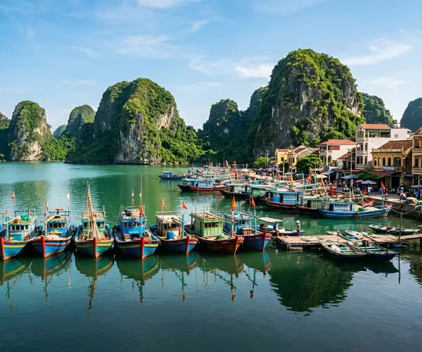 Cat Ba Island coastline with limestone karsts and turquoise water near Hai Phong, Vietnam
