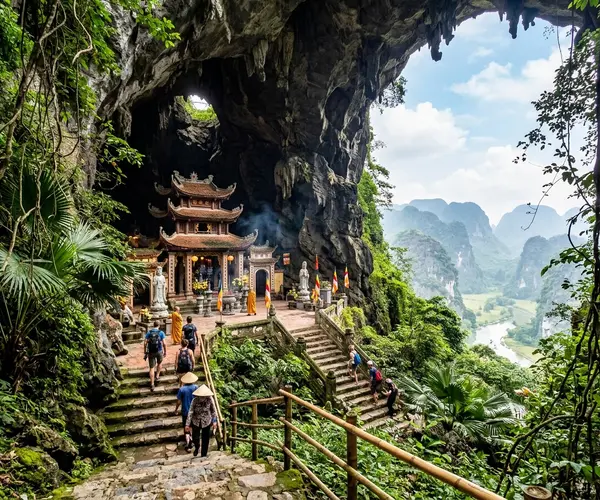 Perfume Pagoda temple complex in misty limestone mountains near Hanoi, Vietnam