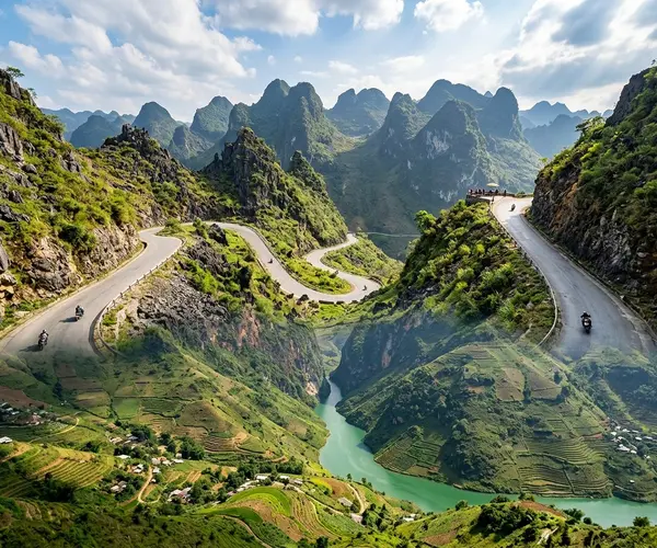 Ma Pi Leng mountain pass winding through Ha Giang karst landscape, Vietnam