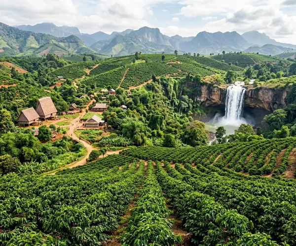 Central Highlands waterfall surrounded by coffee plantations and red earth, Vietnam