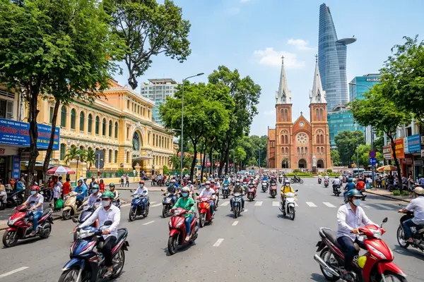 Ho Chi Minh City skyline with Notre-Dame Cathedral and modern skyscrapers, Vietnam