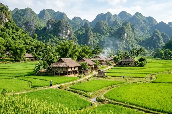 Mai Chau valley with traditional stilt houses and green rice paddies, Vietnam