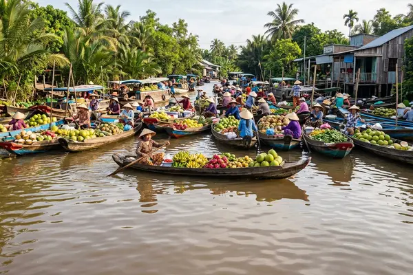 Cai Rang floating market with boats of tropical fruit on the Mekong Delta, Vietnam