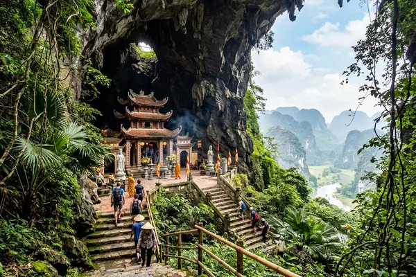 Perfume Pagoda temple complex in misty limestone mountains near Hanoi, Vietnam