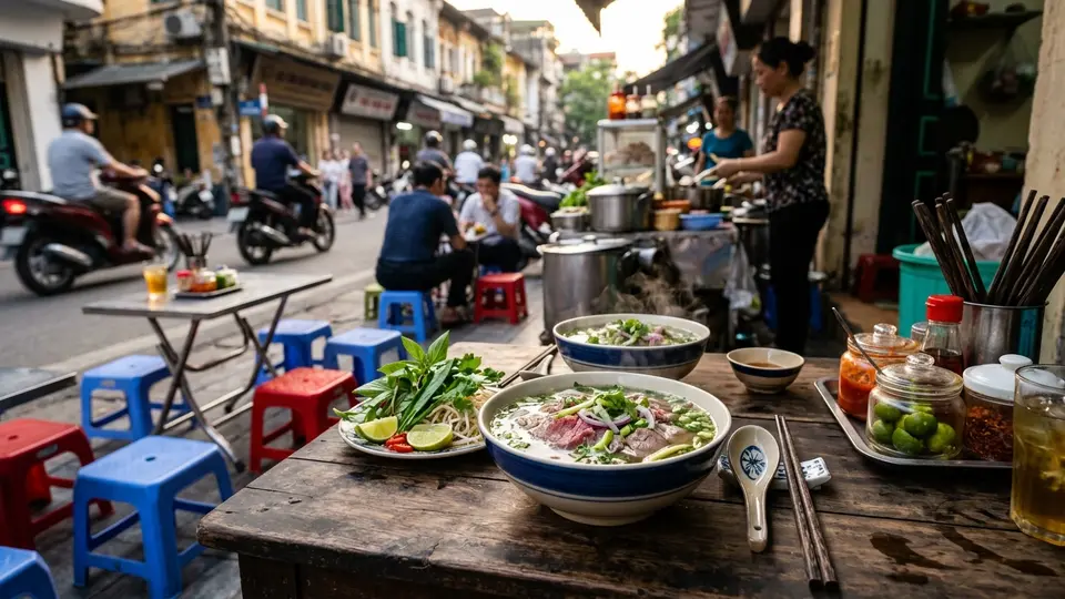 Bowls of pho at a street food stall in Hanoi Old Quarter