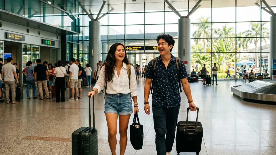 Couple arriving at a modern Vietnam airport terminal with suitcases