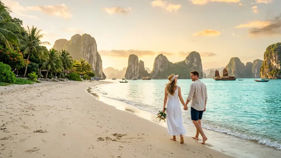 Couple walking along a tropical beach with limestone karsts at golden hour in Vietnam